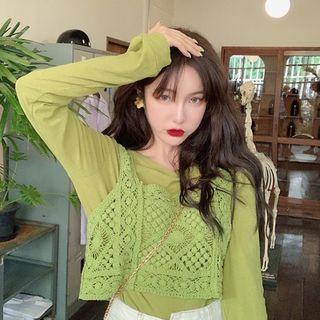 Cropped Long-sleeve T-shirt / Crochet Knit Camisole Top
