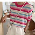 Short-sleeve Rainbow Stripe Knit Top