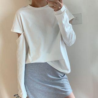 Ripped Sleeve Round Neck Plain Top