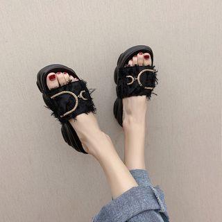 Fringed Trim Platform Slide Sandals