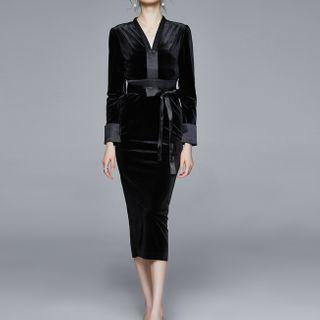 V-neck Tie-waist Velvet Midi Sheath Dress