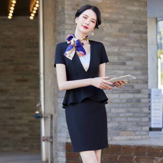 Short-sleeve Peplum Jacket / Mini Pencil Skirt / Dress Pants / Set