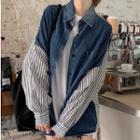 Long-sleeve Denim Panel Striped Shirt As Shown In Figure - One Size
