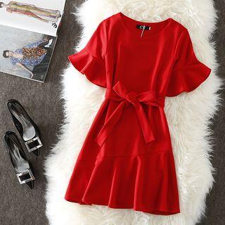 Short-sleeve Ruffle-trim Mini A-line Dress