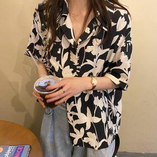 Elbow-sleeve Floral Print Shirt Floral - Black - One Size