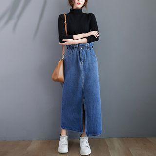 Vintage Pin-tuck Side-slit Denim Skirt
