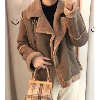 Fleece-lined Faux-suede Jacket Coffee - One Size