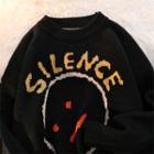 Long-sleeve Cartoon Print Knit Sweater Black - One Size