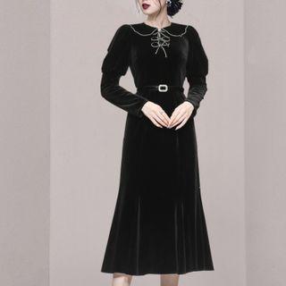 Long-sleeve Collared Bow Midi Mermaid Dress