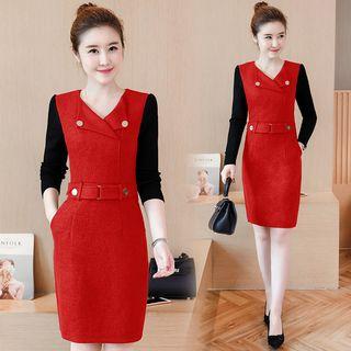 Inset Long-sleeve Knit Top Sleeveless Tweed Dress