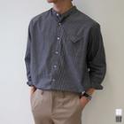Mandarin-collar Flap-pocket Striped Shirt