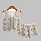 Set : Cropped Cut-out Crochet Knit Tank Top + Crochet Shorts