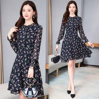 Long-sleeve Floral Chiffon Frill Trim A-line Mini Dress