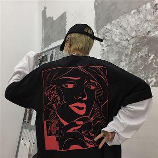 Mock Two-piece Long-sleeve Comic Print T-shirt