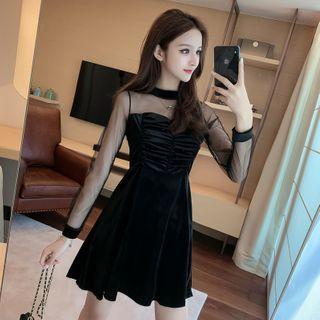 Long-sleeve Mesh-panel Velet Dress