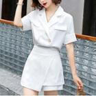 Set: Short Sleeve Double Breasted Striped Blazer + High Waist Mini Skort