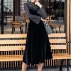 Long-sleeve Panel Velvet A-line Dress