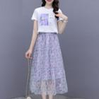 Set: Short-sleeve Print T-shirt + Floral Mesh Midi A-line Skirt