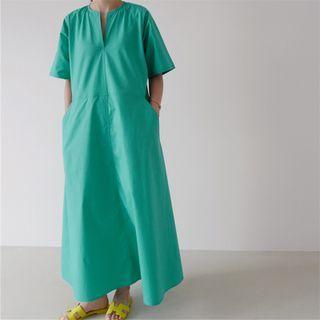 Short-sleeve Open-placket Maxi A-line Dress