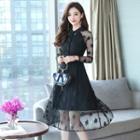 Long-sleeve Midi A-line Collared Lace Dress
