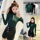 Eyelet Detailed Fringed Long Sleeve Knit Top
