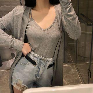 Set: V-neck Camisole Top + Open Front Long Jacket