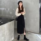 Long-sleeve Dotted Blouse / Plain Overall Dress