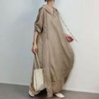 Elbow-sleeve Hooded Maxi Dress Khaki - One Size