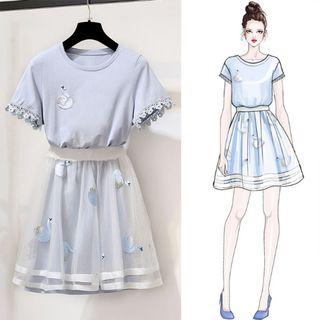 Set: Short-sleeve Mini T-shirt Dress + Mini Mesh Skirt