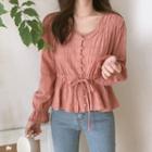 Long-sleeve Textured Buttoned Blouse