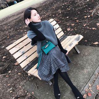 Set: Turtleneck Short-sleeve Sweater + Plaid Midi A-line Skirt
