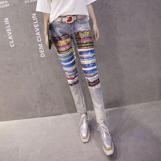 Washed Distressed Sequined Slim-fit Jeans