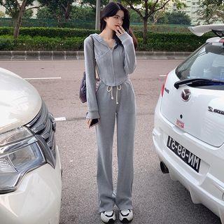 Hooded Zip Jacket / Slit Wide Leg Pants