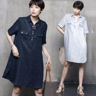 Half-placket Slit-side Linen Shirtdress