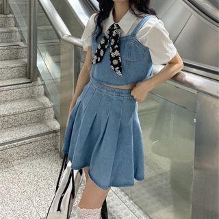 Neck Tie Short-sleeve Shirt / Denim Camisole Top / Pleated Skirt / Set