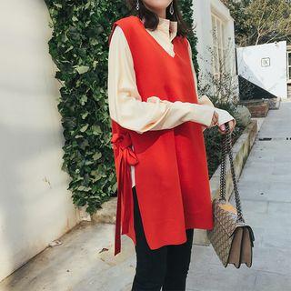 Set: Plain Blouse + Long Knit Vest
