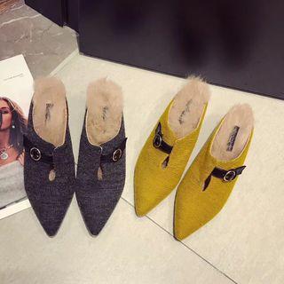 Pointed Faux-fur Trim Kitten Heel Mules