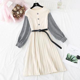 Houndstooth Panel Sleeve Mock Neck Knit Top