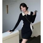 Contrast Collar Knit Mini Bodycon Dress Black - One Size