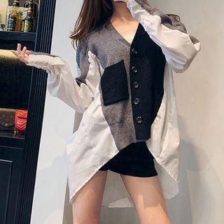 Mock Two-piece Colored Panel Cardigan Gray - One Size