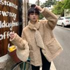 Fluffy Button Jacket / Checkered Tie Fluffy Collar