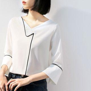 3/4-sleeve Contrast Trim Chiffon Shirt