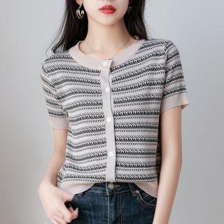 Short-sleeve Striped Cardigan Almond - One Size