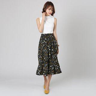 Ruffled Floral Print Long Skirt