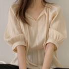 Tie-neck Puff-sleeve Blouse Beige - One Size