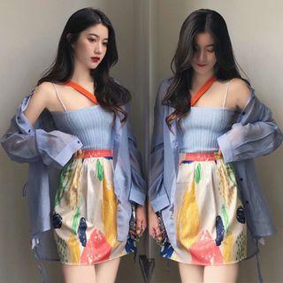Cross Strap Camisole Top / Oversize Light Shirt / Printed Mini A-line Skirt