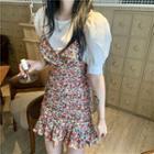 Short-sleeve Blouse / Spaghetti Strap Floral Print Dress