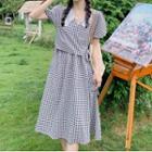 Short-sleeve Embroidered Collar Check Midi A-line Dress