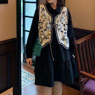 Puff-sleeve Shirtdress / Floral Print Sweater Vest
