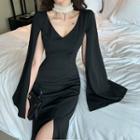 Cape-sleeve Flared Hem Midi Sheath Dress